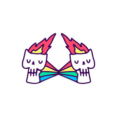 Rainbow skulls with fire inside the head, illustration for t-shirt, sticker, or apparel merchandise. With doodle, retro, and cartoon style.