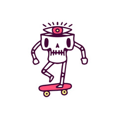 Skull character with one eye inside the head riding skateboard, illustration for t-shirt, sticker, or apparel merchandise. With doodle, retro, and cartoon style.