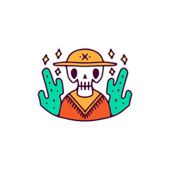 Mexican skull with cactus, illustration for t-shirt, sticker, or apparel merchandise. With doodle, retro, and cartoon style.