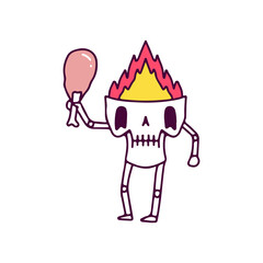 Burning skull character holding fried chicken, illustration for t-shirt, sticker, or apparel merchandise. With doodle, retro, and cartoon style.