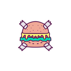 Burger duct-tape to a wall, illustration for t-shirt, sticker, or apparel merchandise. With doodle, retro, and cartoon style.