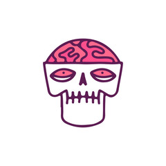 Funny skull head with red eyes and open brain, illustration for t-shirt, sticker, or apparel merchandise. With doodle, retro, and cartoon style.