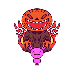 Devil pumpkin holding bunny doll, illustration for t-shirt, sticker, or apparel merchandise. With doodle, retro, and cartoon style.