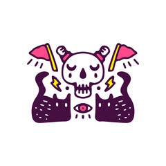 Black cat, one eye, flags, and skull, illustration for t-shirt, sticker, or apparel merchandise. With doodle, retro, and cartoon style.