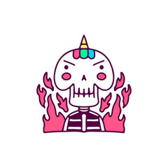 Funny unicorn skull on the fire, illustration for t-shirt, sticker, or apparel merchandise. With doodle, retro, and cartoon style.