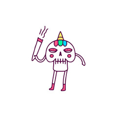 Funny unicorn skull smoke weed, illustration for t-shirt, sticker, or apparel merchandise. With doodle, retro, and cartoon style.