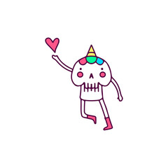 Cute unicorn skull catching love, illustration for t-shirt, sticker, or apparel merchandise. With doodle cartoon style.