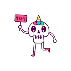 Cute unicorn skull holding 404 sign, illustration for t-shirt, sticker, or apparel merchandise. With doodle, retro, and cartoon style.