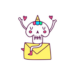 Kawaii unicorn skull with envelope, illustration for t-shirt, sticker, or apparel merchandise. With doodle cartoon style.