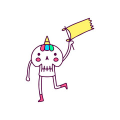 Kawaii skull unicorn holding flag, illustration for t-shirt, sticker, or apparel merchandise. With doodle cartoon style.