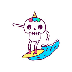Kawaii skull unicorn character surfing, illustration for t-shirt, sticker, or apparel merchandise. With doodle cartoon style.