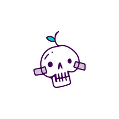 Skull with leaf hair duct-tape to a wall, illustration for t-shirt, sticker, or apparel merchandise. With doodle, retro, and cartoon style.