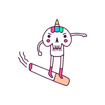 recommend clip art: Kawaii unicorn skull skating with cigarette, illustration for t-shirt, sticker, or apparel merchandise. With doodle, retro, and cartoon style.