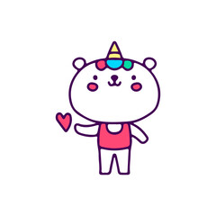 Kawaii unicorn polar bear showing love symbol, illustration for t-shirt, sticker, or apparel merchandise. With doodle, retro, and cartoon style.