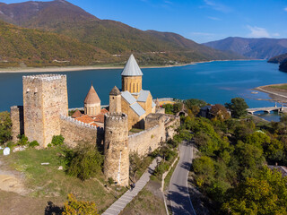 Drone view of medieval Ananuri Fortress