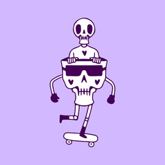 Cool skull wearing sunglasses riding skateboard, illustration for t-shirt, sticker, or apparel merchandise. With doodle, vintage, and cartoon style.