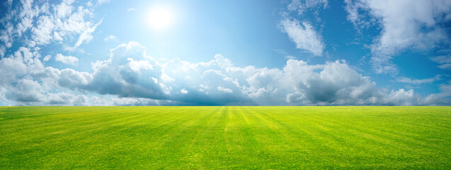 Beautiful natural scenic panorama green field of cut grass into and blue sky with clouds on horizon. Perfect green lawn on summer sunny day. - Powered by Adobe