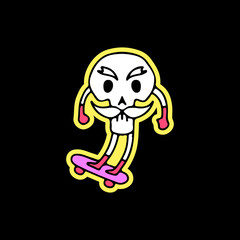 Funny skull with mustache riding skateboard, illustration for t-shirt, sticker, or apparel merchandise. With doodle, retro, and cartoon style.