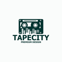 tape logo illustration with city silhouette, vector design