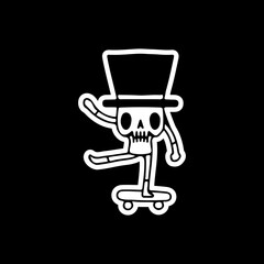 Skull with vintage hat riding skateboard, illustration for t-shirt, sticker, or apparel merchandise. With doodle style.