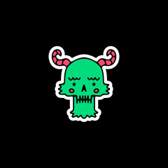 Green devil skull head, illustration for t-shirt, sticker, or apparel merchandise. With doodle, retro, and cartoon style.