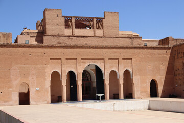 Exteriors and fountain of El Badi Palace, a ruined palace located in Marrakesh (Morocco)