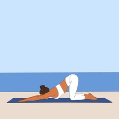 Heart Melting Pose / Anahataasana. Flexible lying woman girl doing stretch basic yoga asana pose exercise in nature on seascape background, fashion illustration, cartoon painting poster