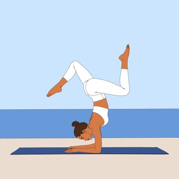 Handstand With Splits Pose / Pincha Mayurasana. Flexible Woman doing inverted yoga asana pose exercise on yoga mat in nature fashion illustration painting poster