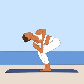 Pyramid Pose / Parsvottanasana. Beautiful flexible standing woman practicing doing yoga basic asana in white gym suit on nature. Meditating girl fashion illustration poster picture.
