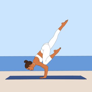 Urdhva Galavasana / Flying Crow Pose. Flexible Woman doing stretch yoga asana pose exercise on yoga mat in nature. seascape background fashion cartoon painting illustration.