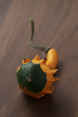 Decorative pear pumpkin on wood table