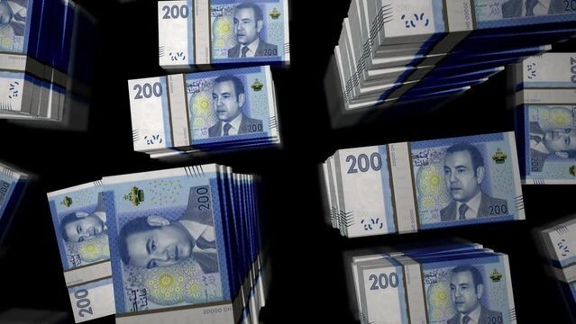 Morocco money Moroccan Dirham money pack loop. Flight over MAD banknotes stacks top view. 3d loopable seamless animation. Abstract background concept of economy, crisis, business and finance.