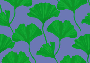 Vector illustration ginkgo biloba leaves seamless pattern with botanical leaves on purple background.