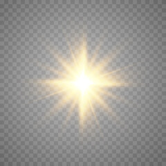 Collection of various glowing stars.A set of glare from a sunbeam. Flashes of light. The effect of glow, sparks, radiance, shine. Vector illustration on a transparent background.