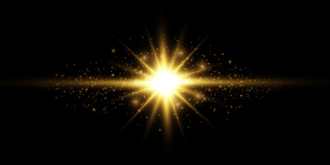 Golden star, on a black background, the effect of glow and rays of light, glowing lights, sun.vector.