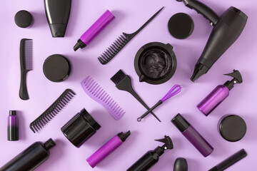 Hair care, styling and coloring products with hair dye hairdressing tools. Top view, flat lay