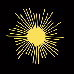 Yellow sun icon with rays on a black background. Vector image drawn by hand. Logo, template, icon, clipart, sketch. Design of a postcard, banner.