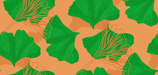 Vector illustration ginkgo biloba leaves seamless pattern with botanical leaves on orange background.