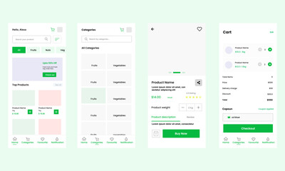 Grocery delivery mobile app UI kit. home delivery service. UI, UX, GUI screens for responsive mobile app. vector design.
