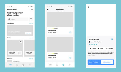Hotel Booking mobile app UI kit. Hotel booking services. UI, UX, GUI screens for responsive mobile app. vector design.