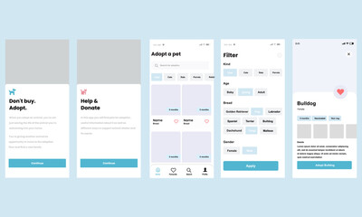 Pet Adoption Theme Application Screens, Template Layout for mobile and website mobile application. UI UX 