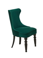 green vintage fabric chair with wooden legs isolated on white background