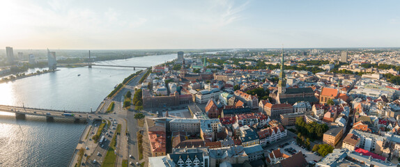 Beautiful aerial view of Riga city, the capital of Latvia. Aerial view of the St. Peter's Church in the center of the old town.