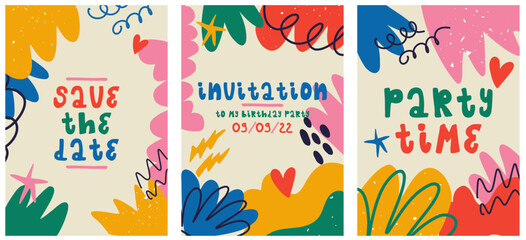 Cute and colorful set of three greeting cards or invitations for a party. Vector hand-drawn illustration. Trendy design