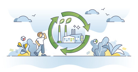 Sustainable production factory and renewable material usage outline concept. Green energy power and zero emissions electricity consumption with environmental resources technology vector illustration.