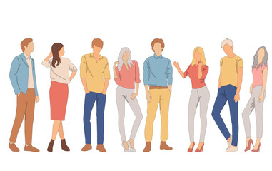 Obraz premium Set of young men and women, different colors, cartoon character, group of silhouettes of walking business people, students, the design concept of flat icon, isolated on white background