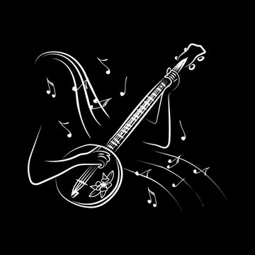 The concept of inspired banjo playing, a hand-drawn doodle. Stringed musical instrument. African culture. Flying notes. Music. Inspiration. Fingering. Illustration on a black background.