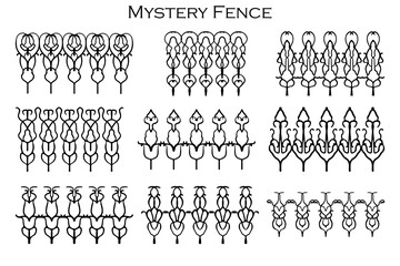 Assorted spooky cemetery fence silhouettes. Assets isolated on a white background. Scary, haunted and spooky fence elements