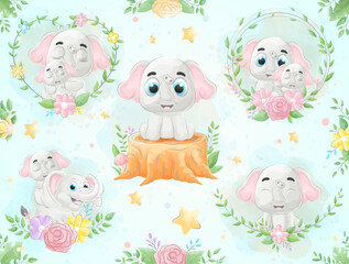 Cute little Elephant with watercolor illustration set