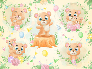 Cute little Bear with watercolor illustration set